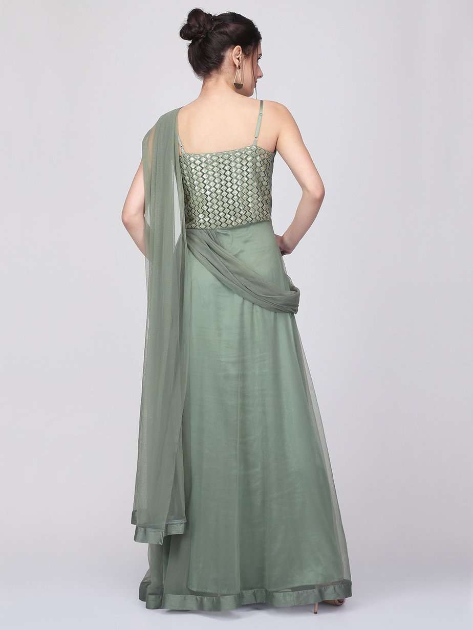 Buy Pistalime Green Sequins Embroidered Net Evening Gown Online | Samyakk
