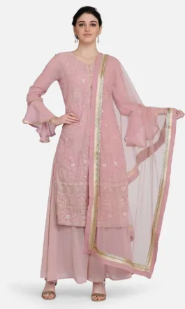 Ojjasvi Dusty Pink Embroidered Kurta With Sharara & Dupatta