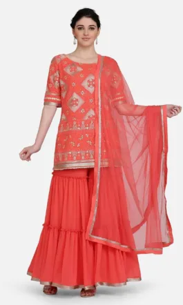 Ojjasvi Coral Embroidered Kurta With Sharara & Dupatta