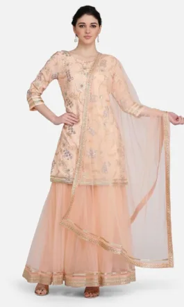 Ojjasvi Peach Embroidered Kurta With Sharara & Dupatta