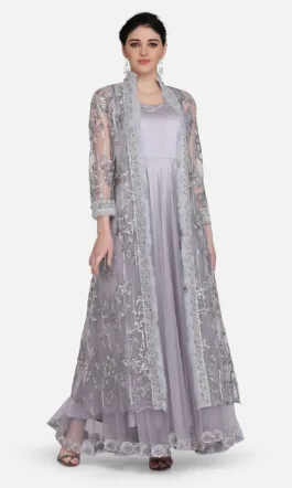 Ojjasvi Grey Embroidered Long Jacket With Maxi Dress
