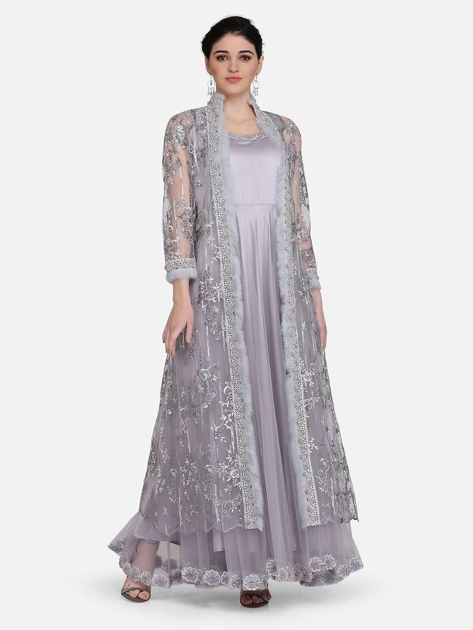 Buy Grey Tunic Dress With Embroidered Front Panel And Long Frill Layered  Jacket Online - Kalki Fashion