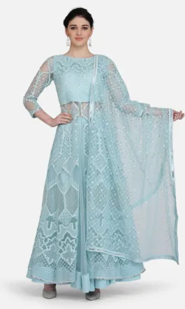 Ojjasvi Turquoise Blue Embroidered Long Jacket With Lehenga & Dupatta