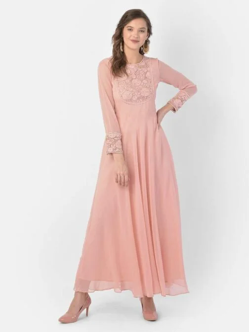 Buy Ojjasvi Peach Embroidered Maxi Dress online Ojjasvi