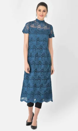 Ojjasvi Teal Blue Lace Straight Kurta