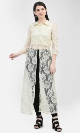 Ojjasvi Cream Polyester Net Embroidered Kurta