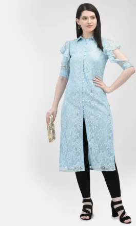 Ojjasvi Light Blue Polyester Net Embroidered Kurta