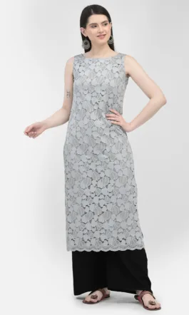 Ojjasvi Grey Polyester Net Embroidered Kurta