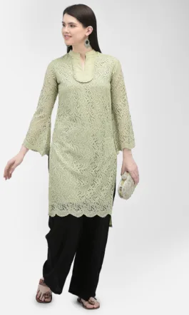Ojjasvi Light Green Polyester Net Embroidered Kurta