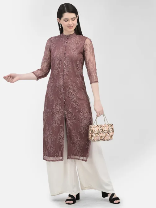Ojjasvi Burgundy  Polyester Net Embroidered Kurta - Image 2