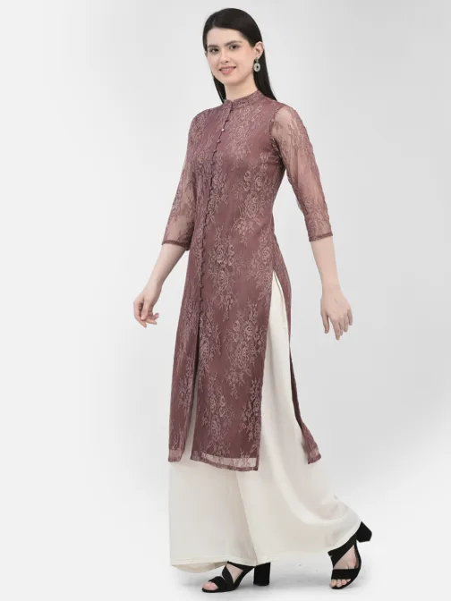 Ojjasvi Burgundy  Polyester Net Embroidered Kurta - Image 4