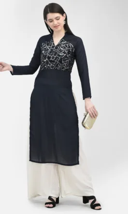 Ojjasvi Navy Blue Georgette Solid Kurta
