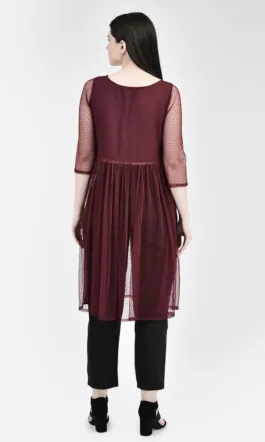Ojjasvi Maroon Polyester Net Transparent Kurta