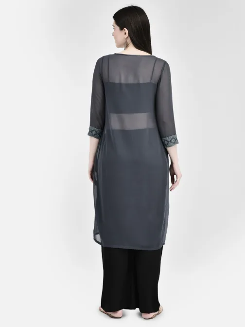 Ojjasvi Grey Georgette Embroidered Kurta - Image 2