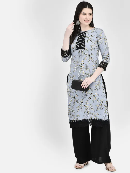 Ojjasvi Grey & Black Rayon Printed Kurta