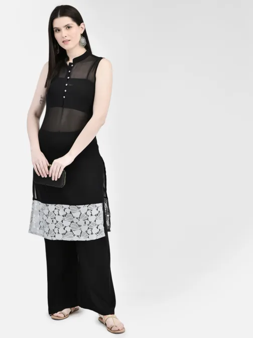 Ojjasvi Black Georgette Transparent Embroidered Kurta
