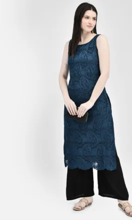 Ojjasvi Blue Polyester Net Embroidered Kurta