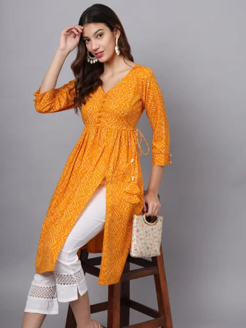 Ojjasvi Mustard Crepe Bandhni Print Kurta Sets