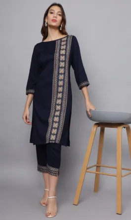 Ojjasvi Navy Blue Rayon Printed Kurta Sets